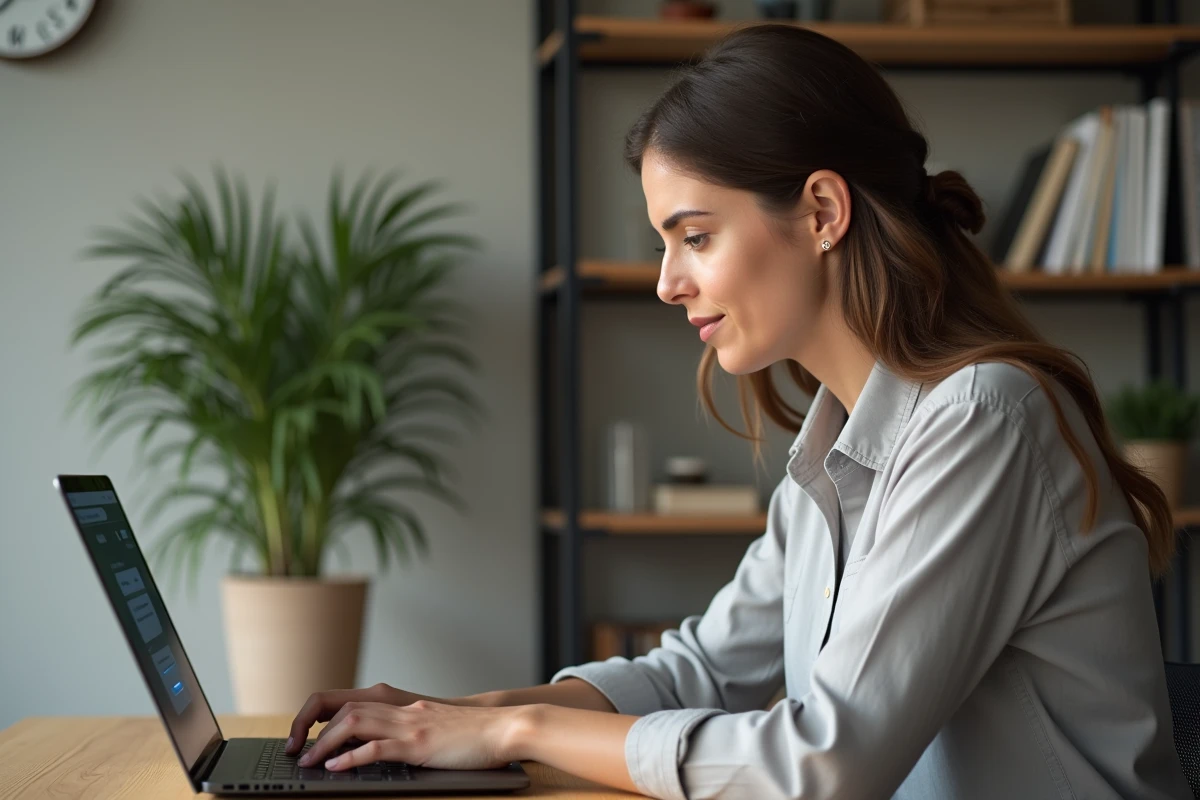 Femme accédant à son espace client en ligne sur un ordinateur portable dans un bureau à domicile moderne