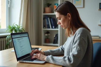 Femme actualisant sa situation sur le portail France Travail depuis son bureau à domicile