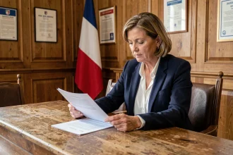 Adjointe au maire d'une petite ville examinant des documents officiels dans une salle du conseil municipal