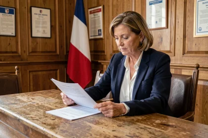 Adjointe au maire d'une petite ville examinant des documents officiels dans une salle du conseil municipal