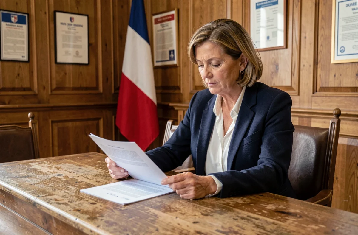 Adjointe au maire d'une petite ville examinant des documents officiels dans une salle du conseil municipal