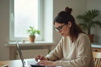 Femme consultant des documents d'aide au paiement du loyer à son bureau dans un appartement modeste