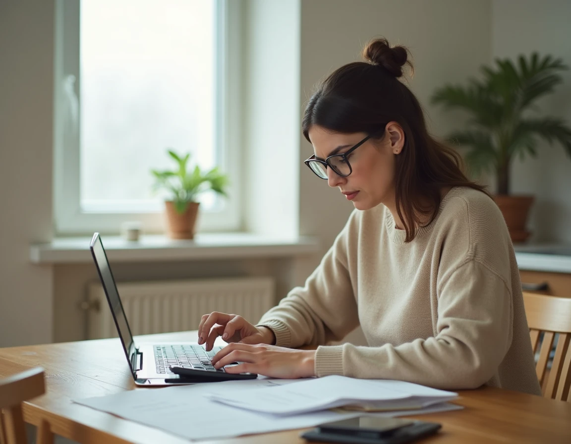 Femme consultant des documents d'aide au paiement du loyer à son bureau dans un appartement modeste