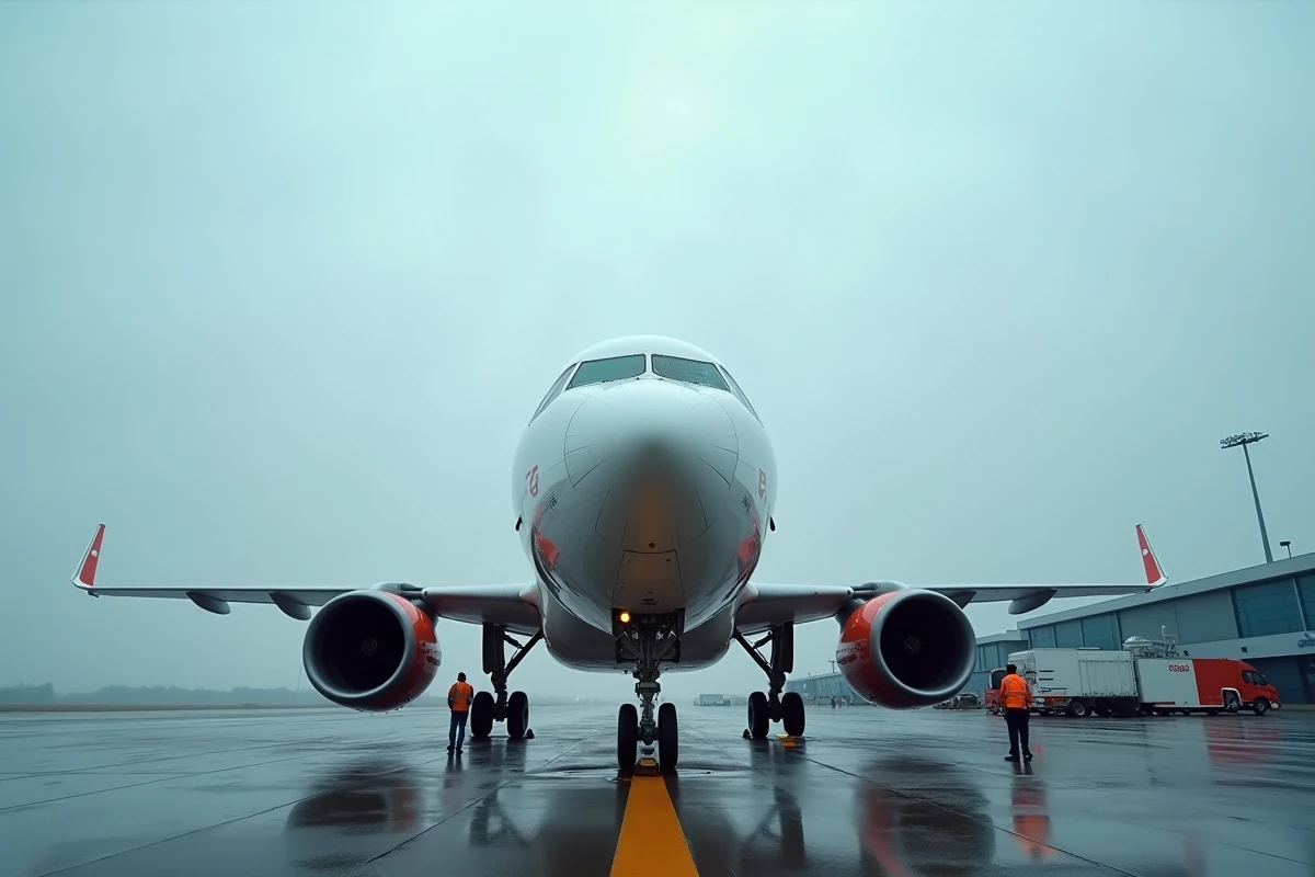 Avion Airbus A320 sur le tarmac d'un aéroport européen avec équipes au sol, symbole d'investissement dans l'industrie aéronautique