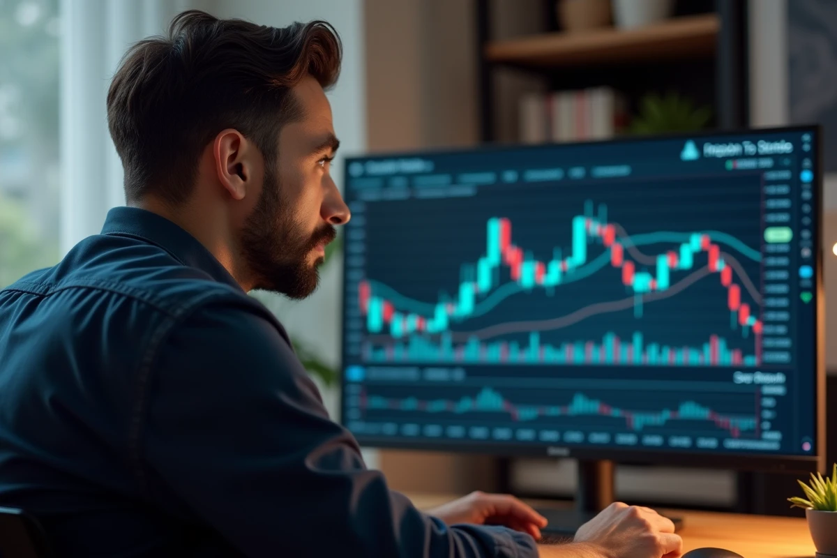 Homme analysant des graphiques de lending en cryptomonnaie sur un écran d'ordinateur dans un bureau moderne