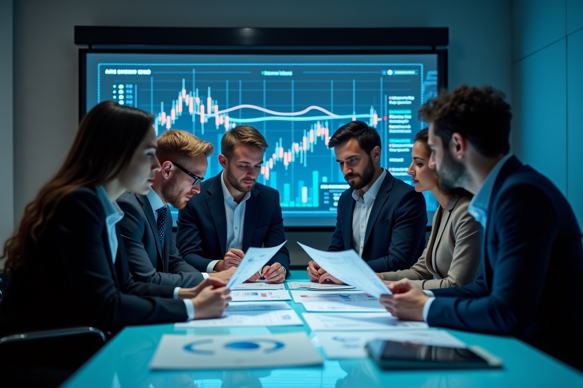 Groupe de professionnels analysant des rapports financiers dans un bureau lumineux