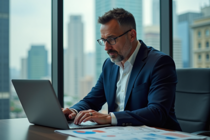 Homme d'affaires analysant graphiques de cuivre en bureau