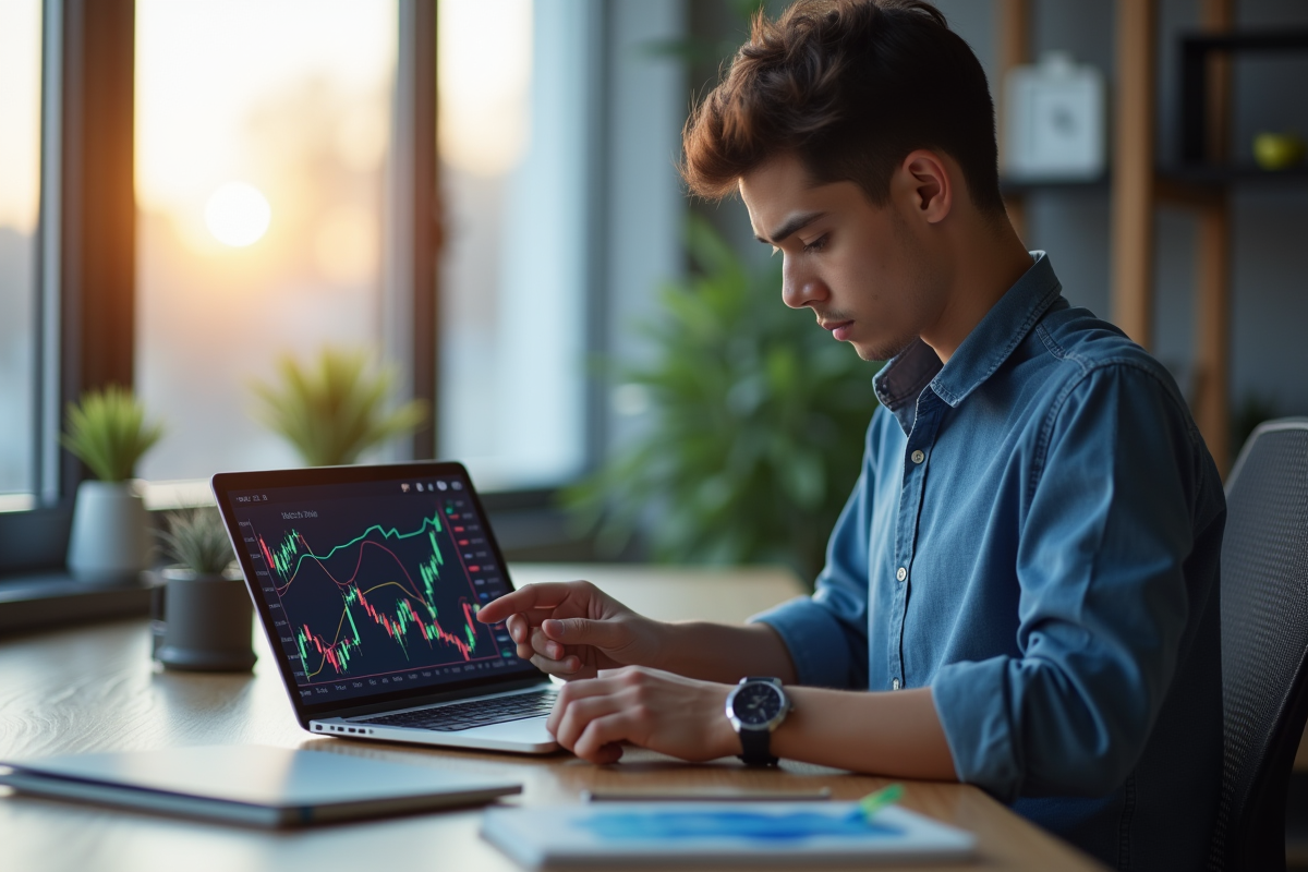 Jeune professionnel analysant un graphique de cryptomonnaies sur tablette