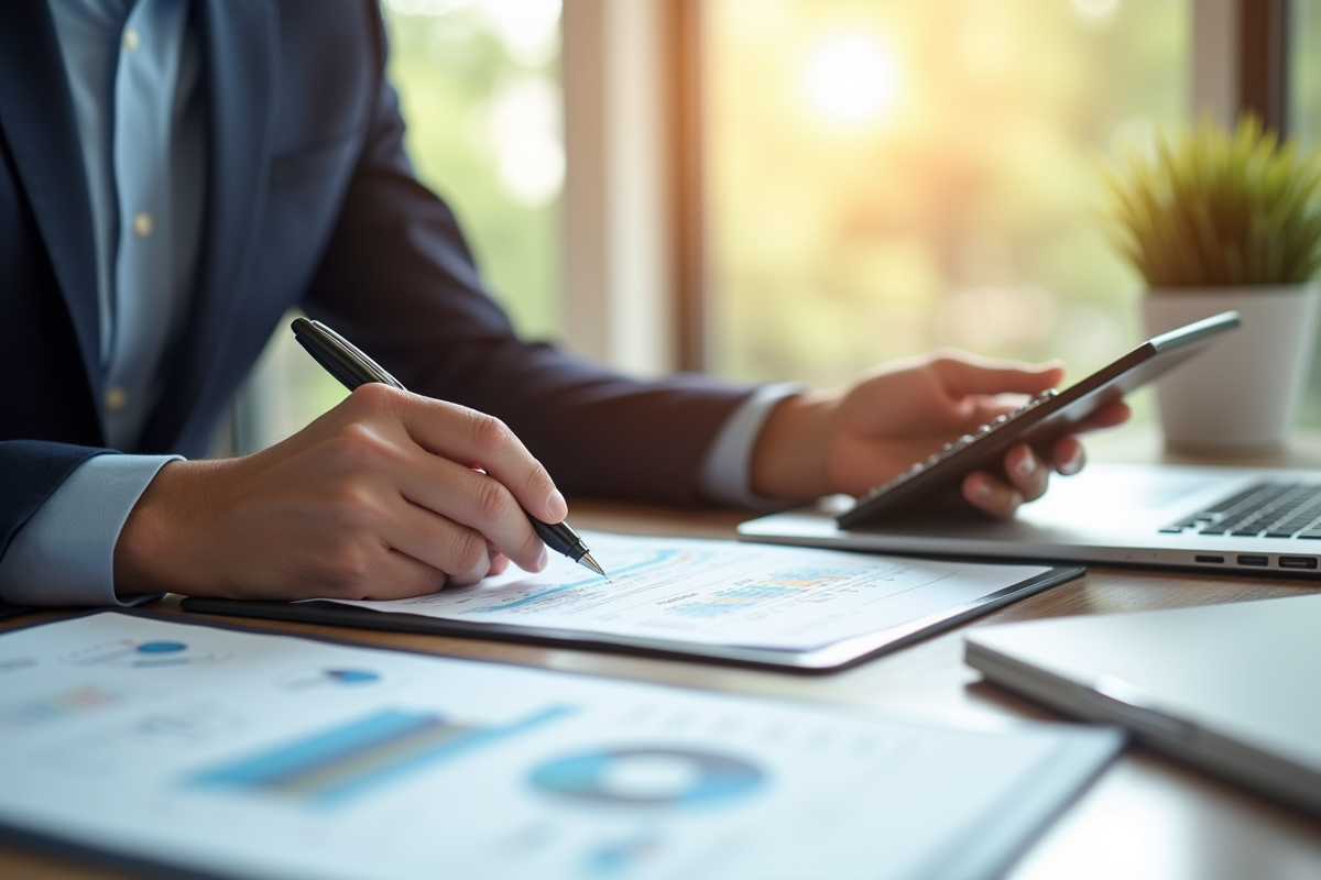 Professionnel financier analysant des états financiers au bureau