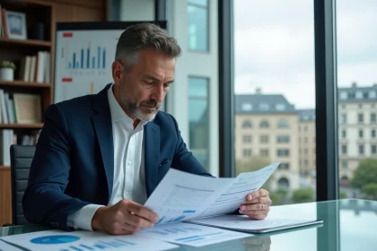 Analyste financier comparant des rapports boursiers sur un bureau en verre dans un bureau moderne avec vue sur la ville