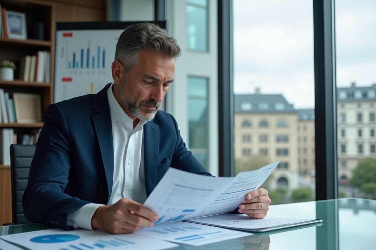 Analyste financier comparant des rapports boursiers sur un bureau en verre dans un bureau moderne avec vue sur la ville
