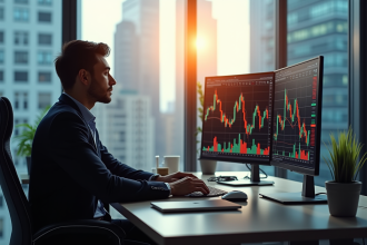 Un trader financier analysant des graphiques boursiers colorés sur deux écrans
