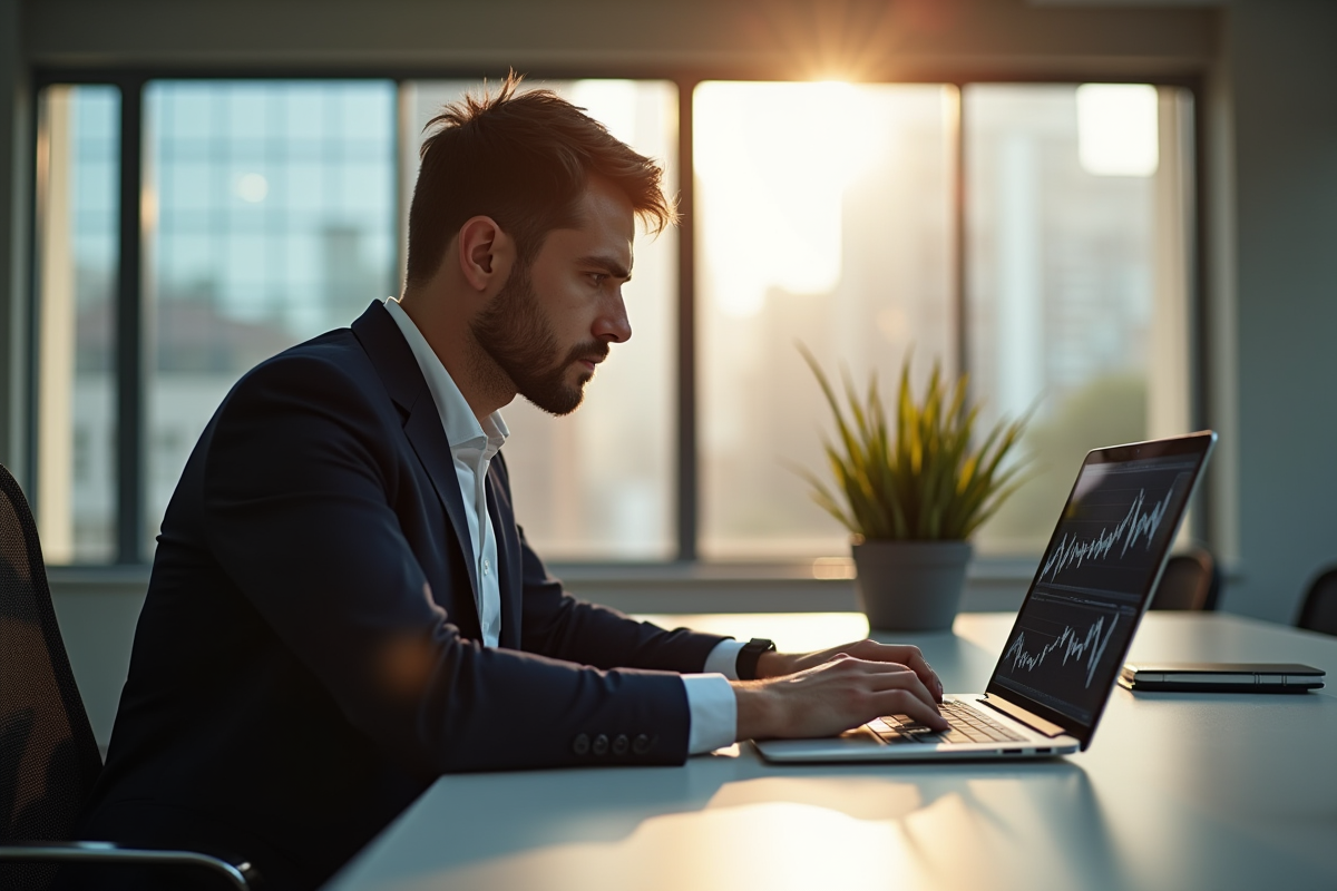 Professionnel analysant des graphiques financiers sur un ordinateur