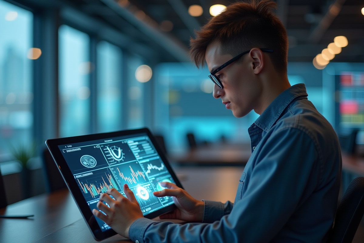 Jeune professionnel examinant des hologrammes de cryptomonnaies et graphiques