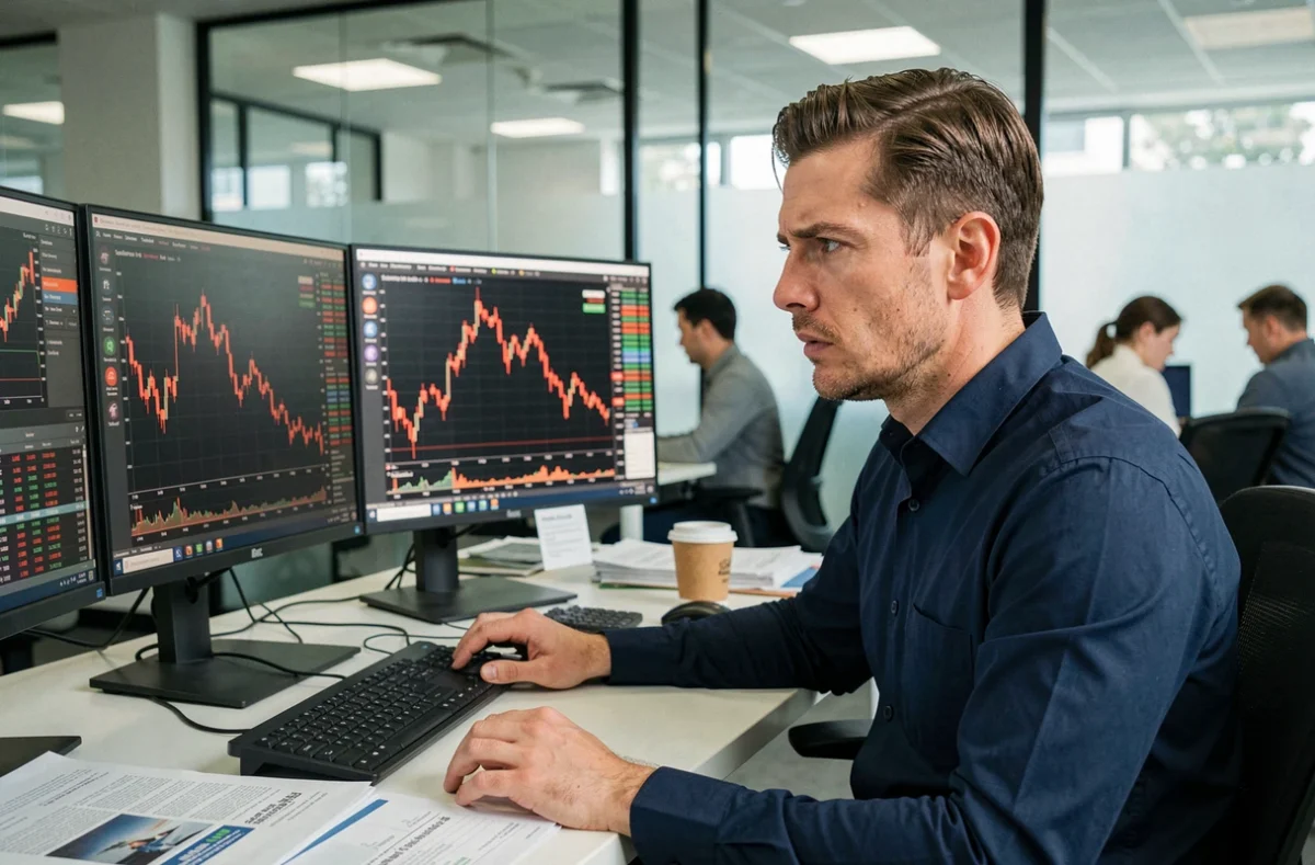 Analyste financier scrutant des graphiques de chute du cours de Solana sur des écrans de trading