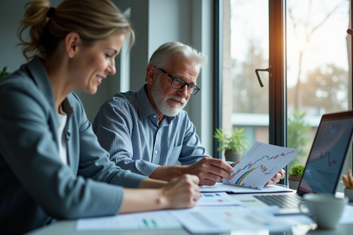 Homme et femme confiants analysant des graphiques financiers