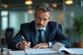 Animateur TV français en costume dans un bureau professionnel