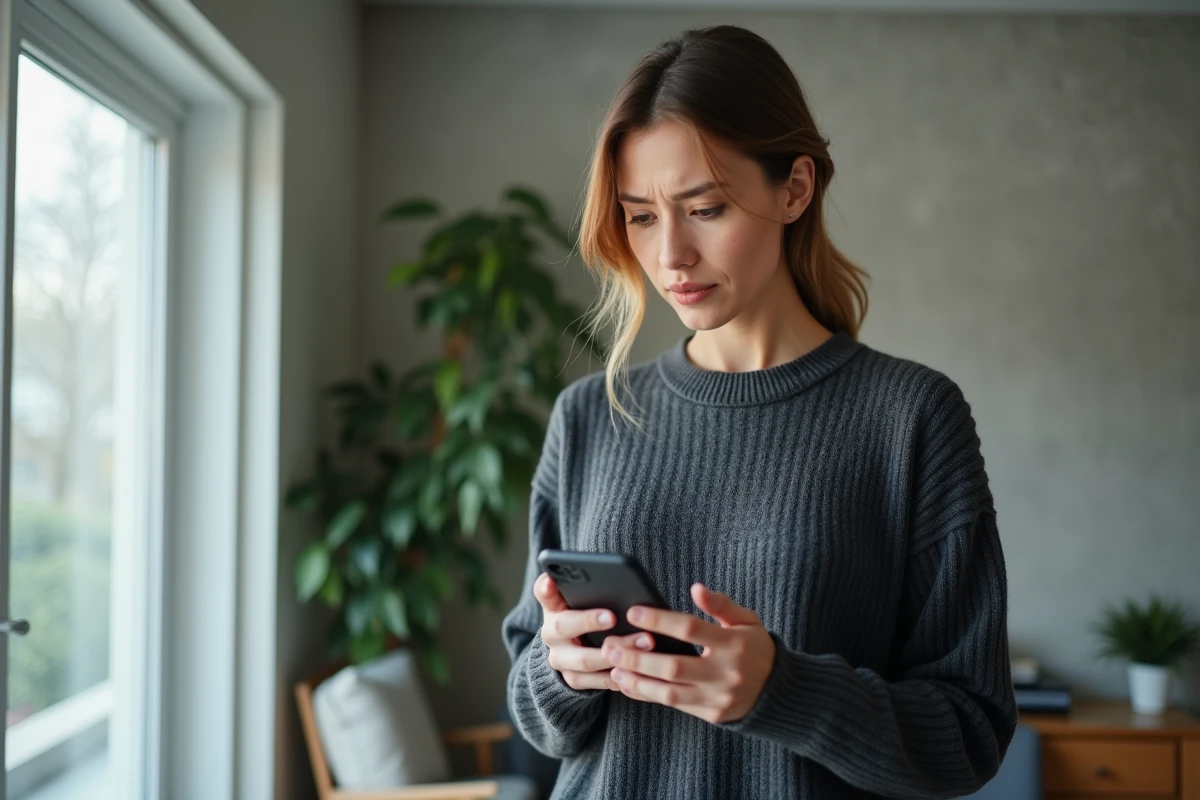 Femme consultant une application bancaire Crédit Agricole Vendée sur smartphone avec notification de compte bloqué