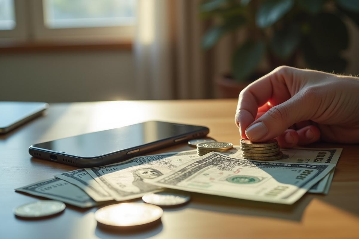 Main manipulant des billets et pièces avec une application financière