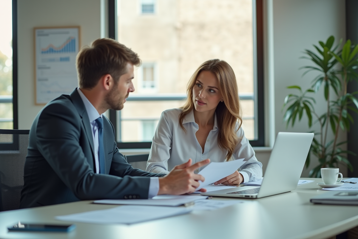 Banquier discutant taux de credit immobilier avec client
