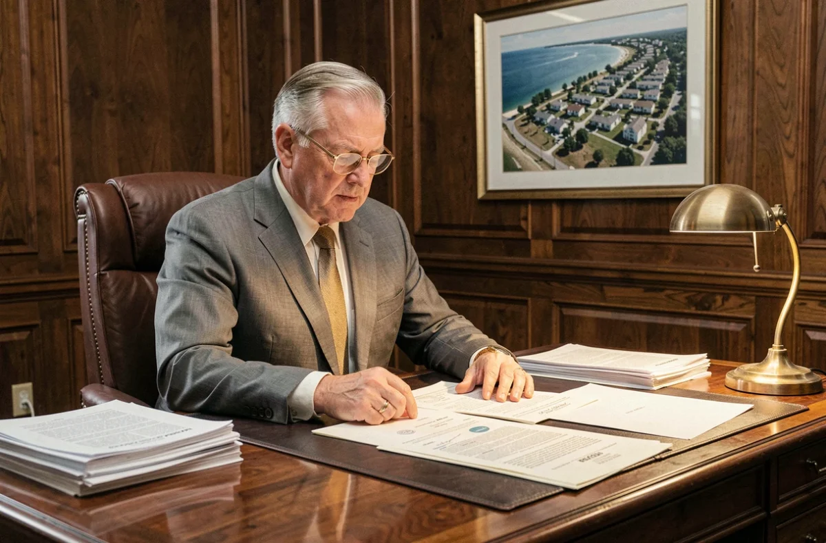Conseiller juridique examinant des documents immobiliers et des investissements dans un bureau en bois à Washington DC