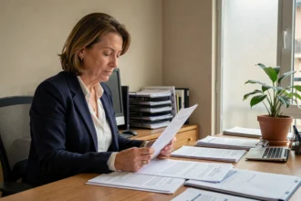 Femme consultant un bordereau de situation amendes dans un bureau administratif français