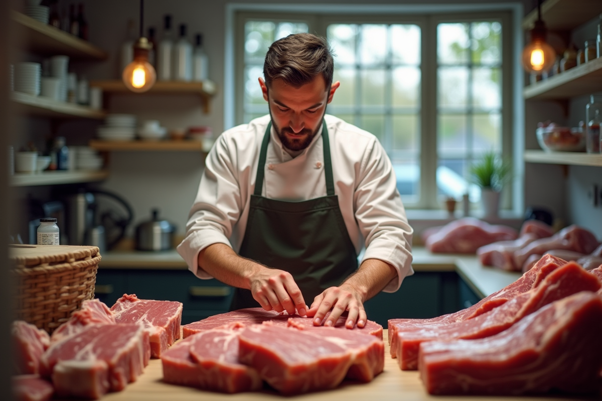 Boucher en shop lumineux pesant de la viande fraîche