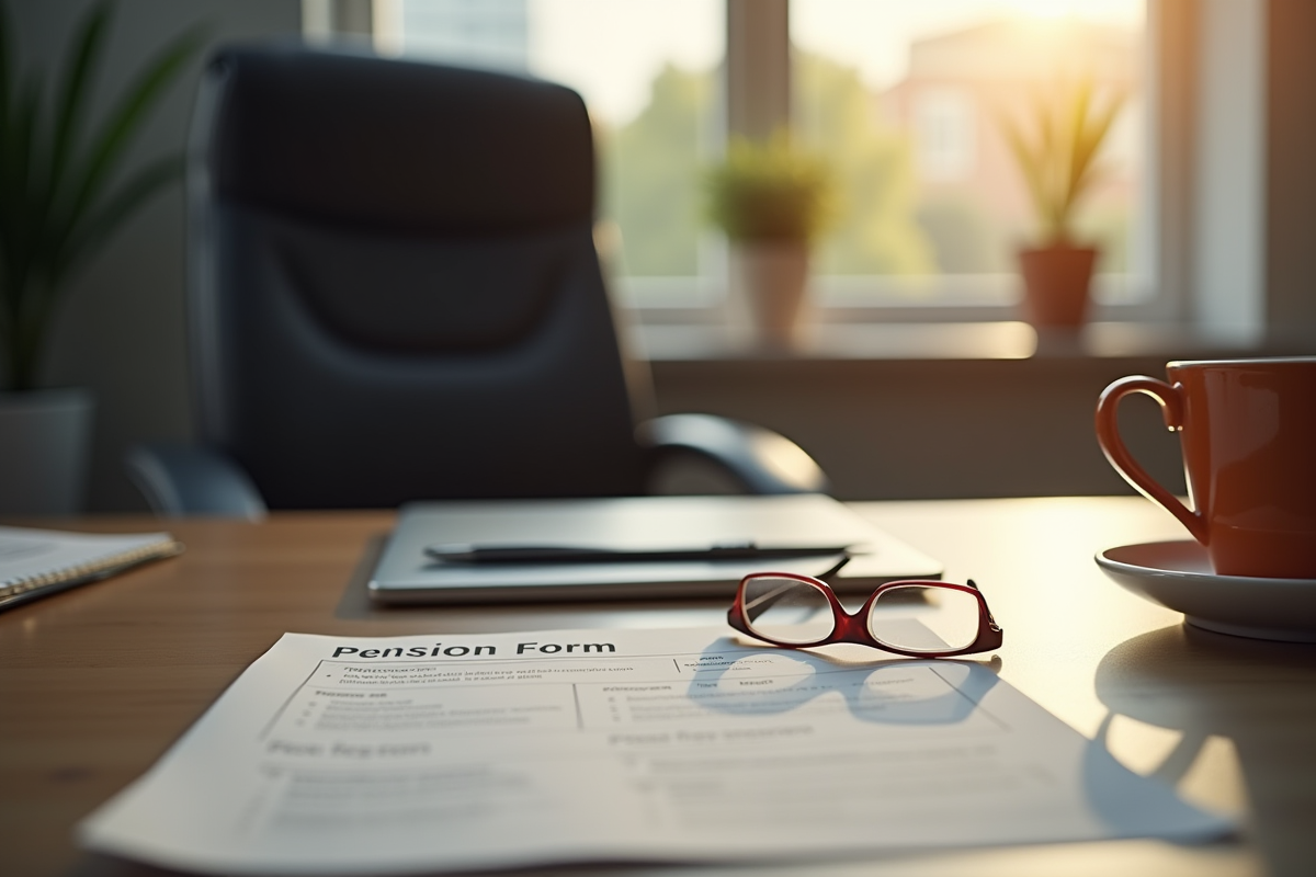 Bureau avec formulaire de pension et lunettes