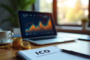 Espace de travail avec graphique de cryptomonnaies et pièces d'or
