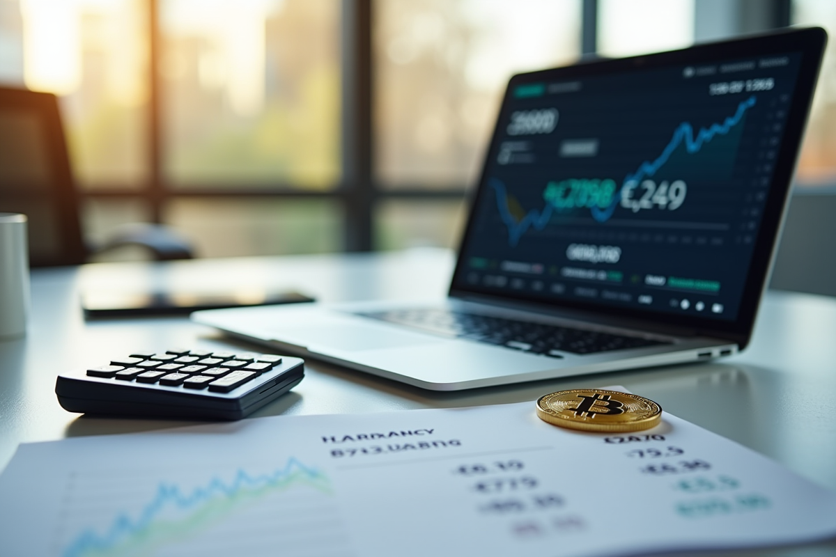 Bureau moderne avec ordinateur et bitcoin pour article sur cryptomonnaie