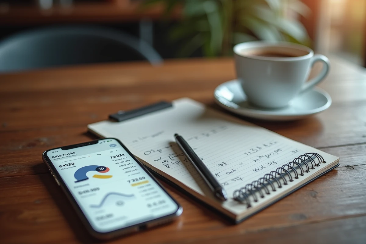 Bureau avec smartphone affichant un tableau de bord de lending crypto, carnet de notes et tasse de café