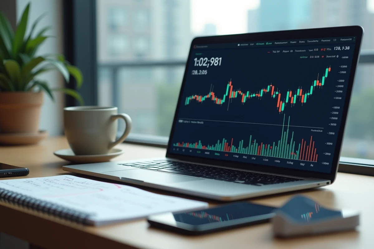 Bureau de day trading avec laptop affichant l'ouverture de la bourse asiatique, carnet de notes et smartphone sur fond urbain matinal