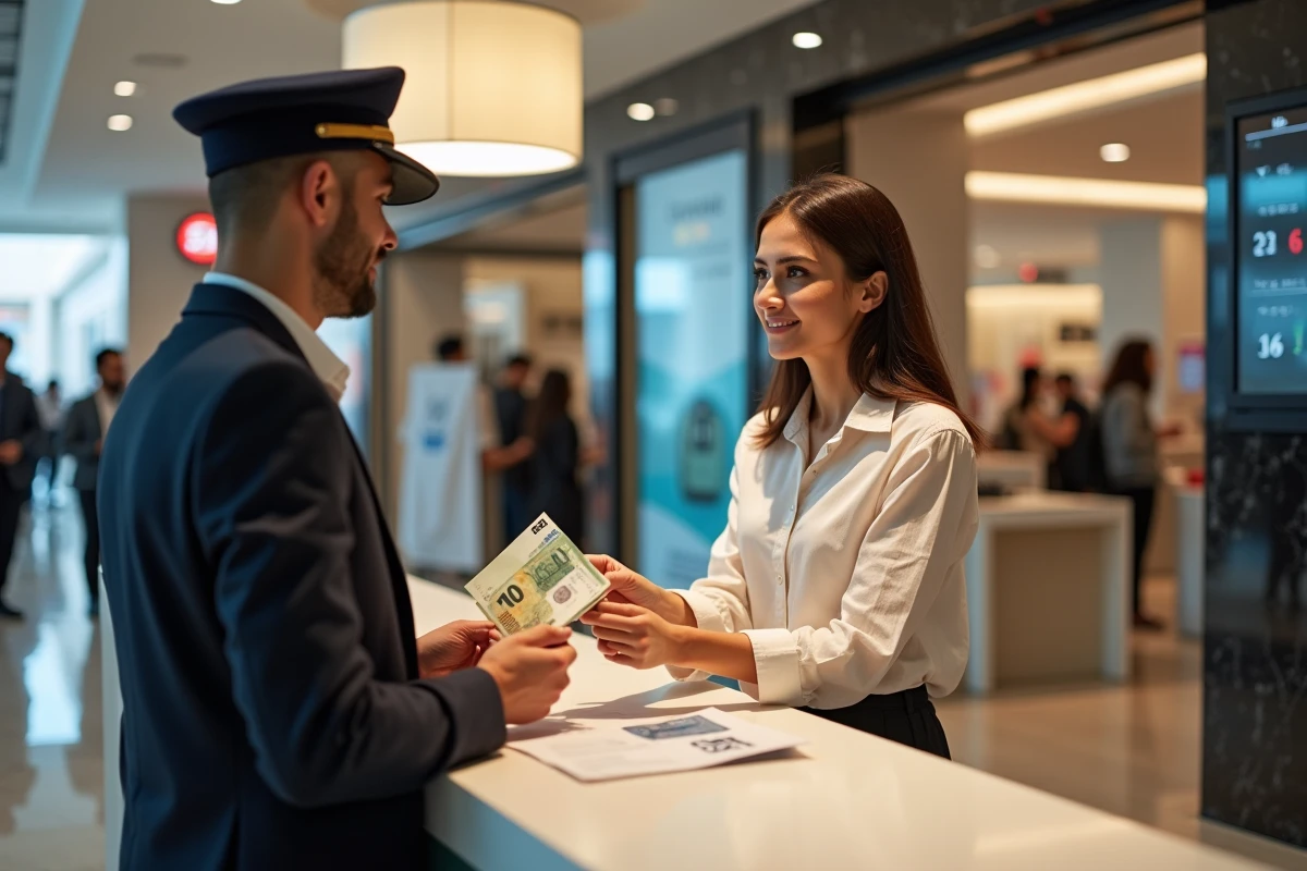 Femme &eacute;changeant des devises en dirhams &agrave; un bureau de change dans un centre commercial de Duba&iuml;