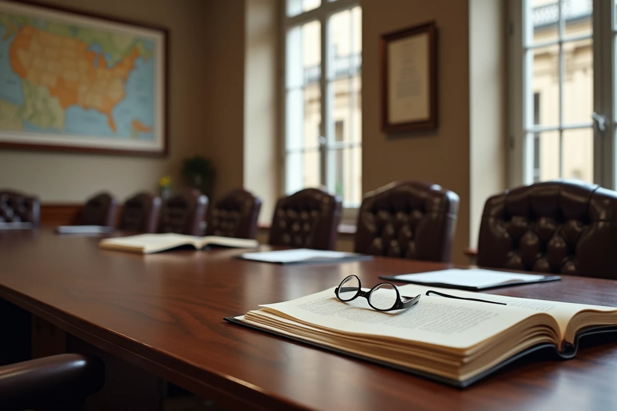 Bureau notarial parisien avec des documents d'héritage officiels, tampons légaux français et une table en noyer dans une atmosphère formelle et institutionnelle