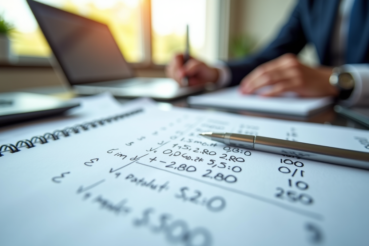 Bureau organisé avec documents financiers et calculs de dividendes