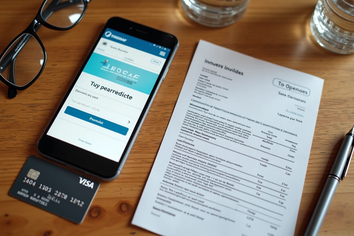 Vue aérienne d'un bureau avec smartphone affichant le site URSSAF, carte bancaire personnelle et avis de cotisation imprimé