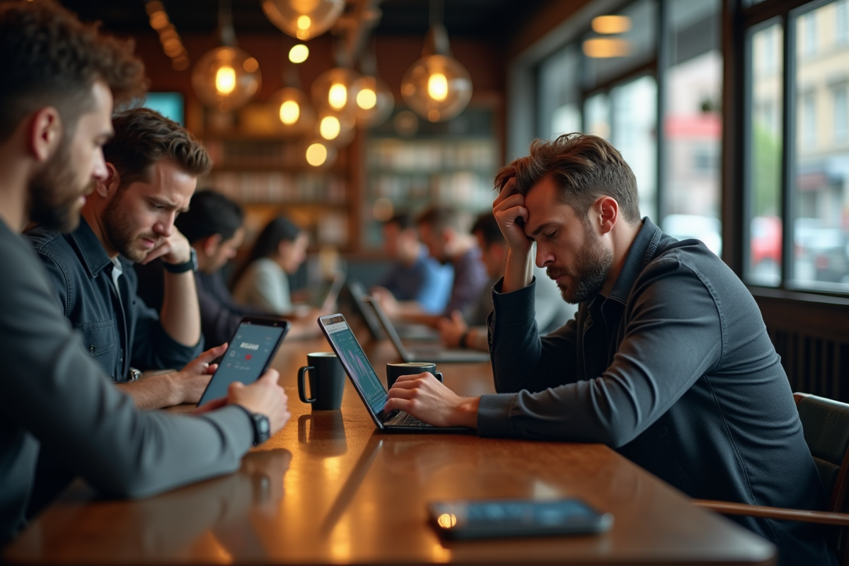 Gens dans un cafe urbain analysant des résultats financiers