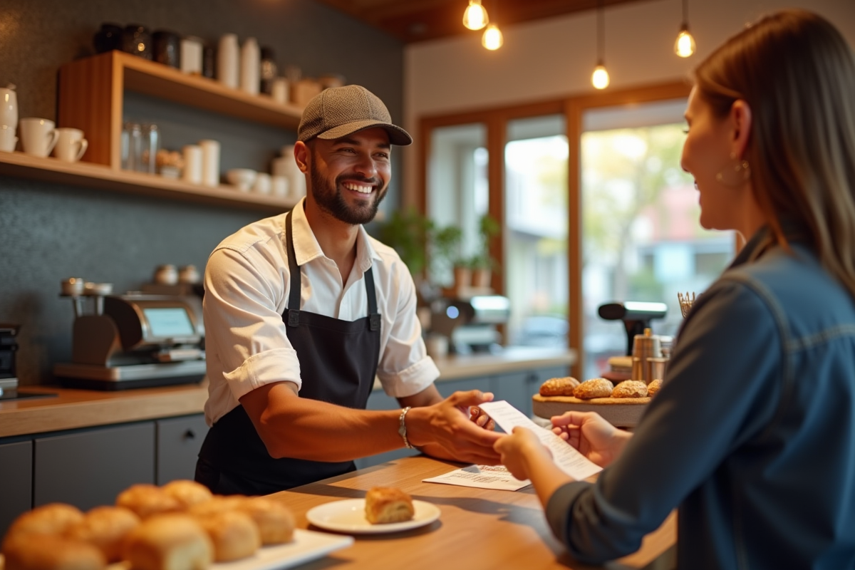 Propriétaire de café servant un client souriant dans un intérieur chaleureux