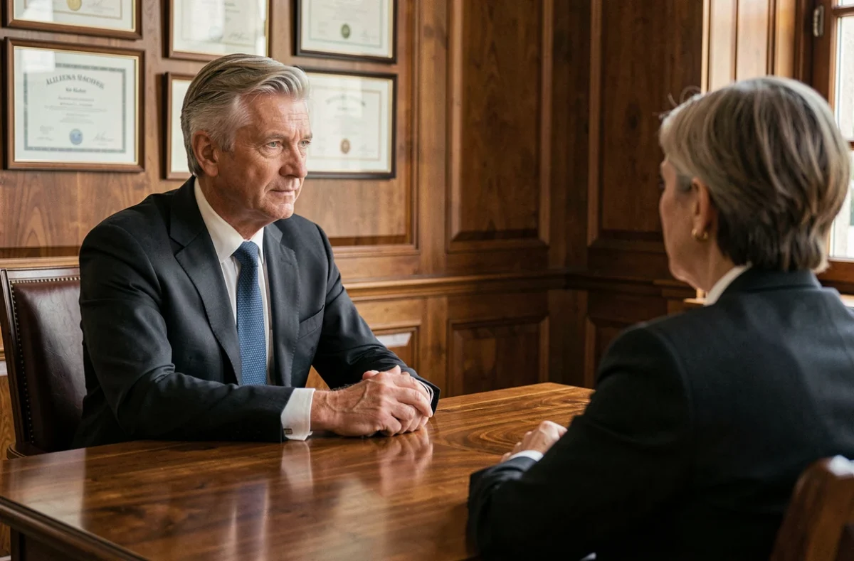 Conseiller historique du courtier Cafpi en consultation avec un couple dans un bureau traditionnel en Alsace