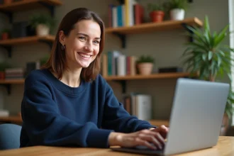 Femme utilisant une cagnotte en ligne sécurisée pour une association sur son ordinateur portable