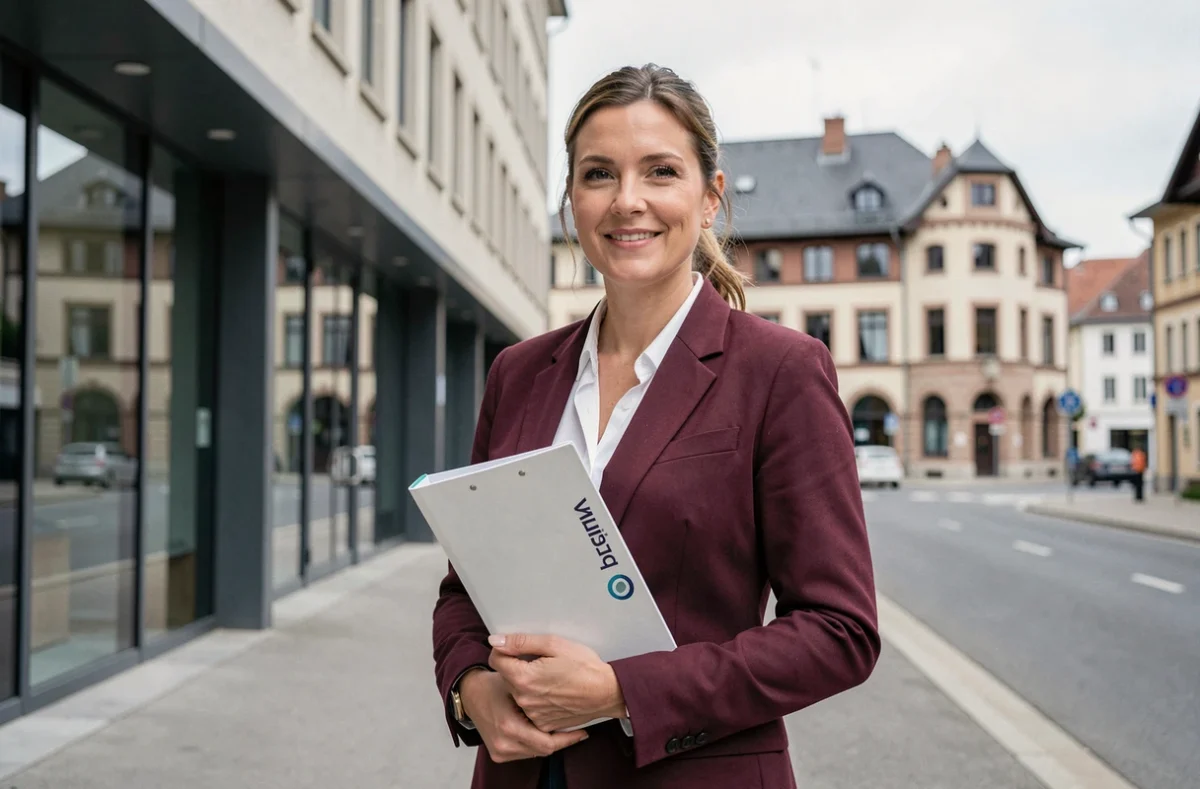 Conseillère de CAP SERVICE PUBLIC, courtier à Mulhouse, devant un immeuble professionnel avec l'architecture urbaine mulhousienne en arrière-plan