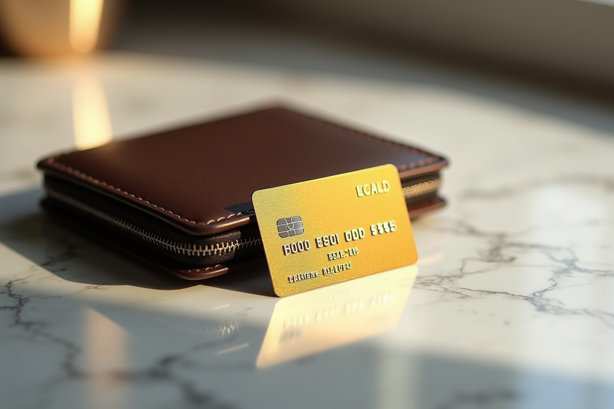 Carte gold posée sur un comptoir en marbre avec un portefeuille en cuir