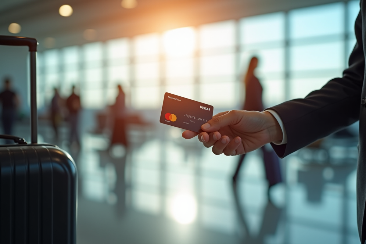 Main tenant une Mastercard à l'aéroport lors de l'enregistrement