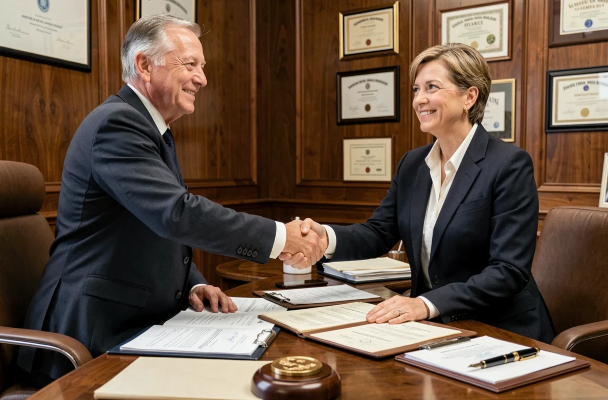Les notaires Cerceau et Regaud finalisant la signature d'un acte notarié dans leur étude