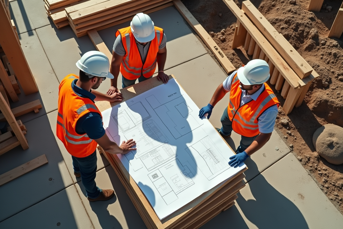 Vue aérienne d un chantier avec ouvriers et plans de construction