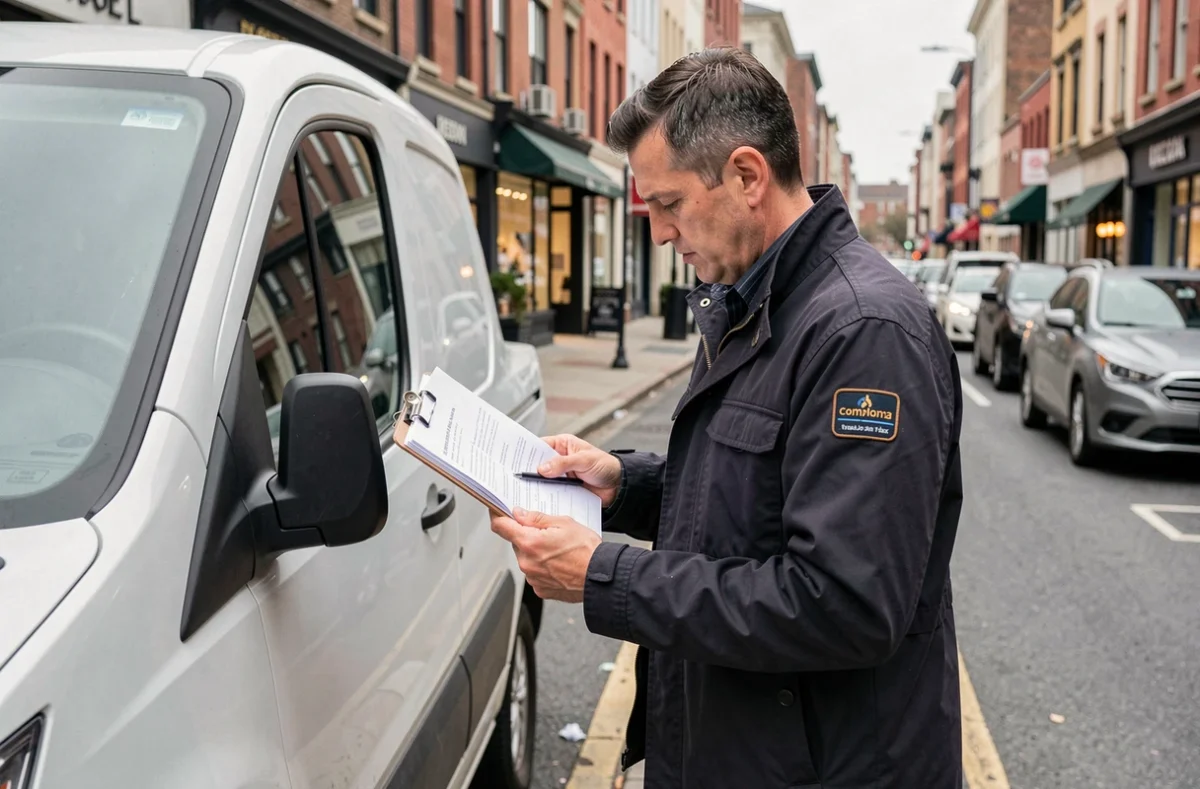 Chauffeur-livreur vérifiant ses documents d'assurance professionnelle automobile à côté de son véhicule utilitaire