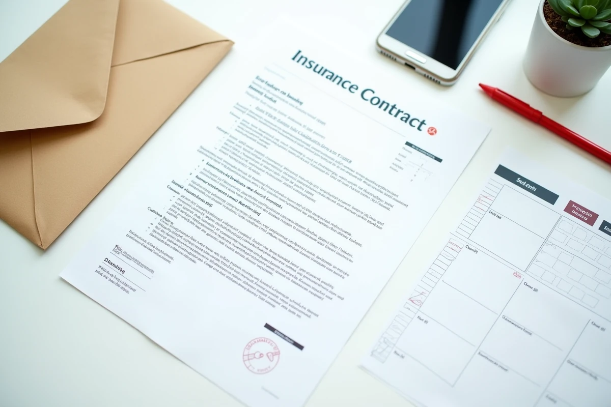 Vue aérienne d'un bureau avec contrat d'assurance, enveloppe timbrée et checklist de résiliation