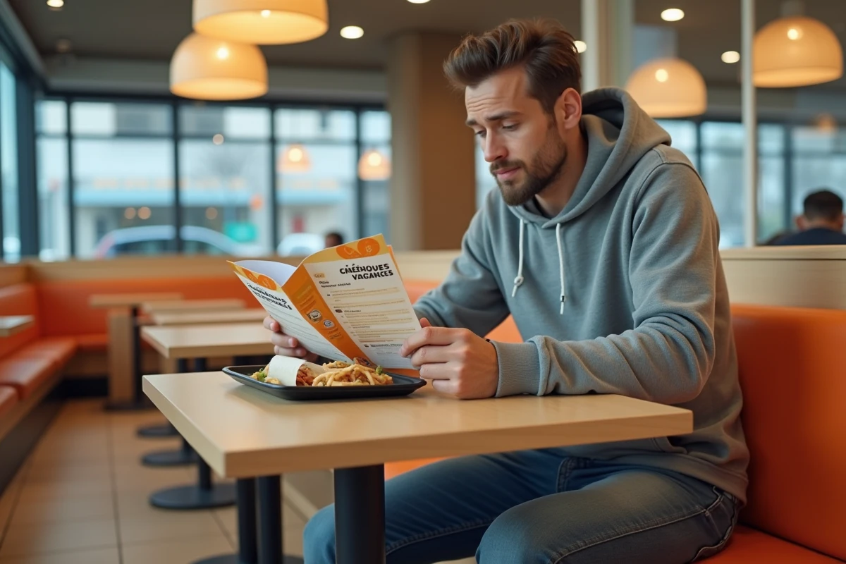 Homme consultant un carnet de chèques vacances ANCV dans un restaurant fast-food