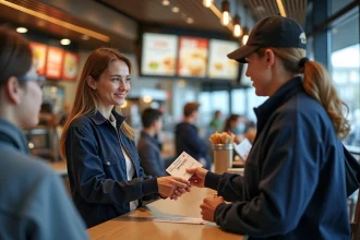 Femme utilisant un chèque vacances au comptoir d'un fast-food pour régler sa commande