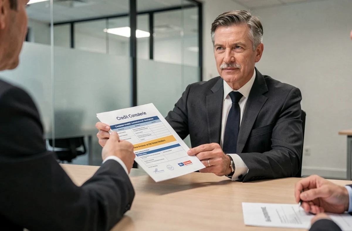 Courtier de CIB Finance présentant une proposition de regroupement de crédits avec trésorerie à un client dans un bureau moderne